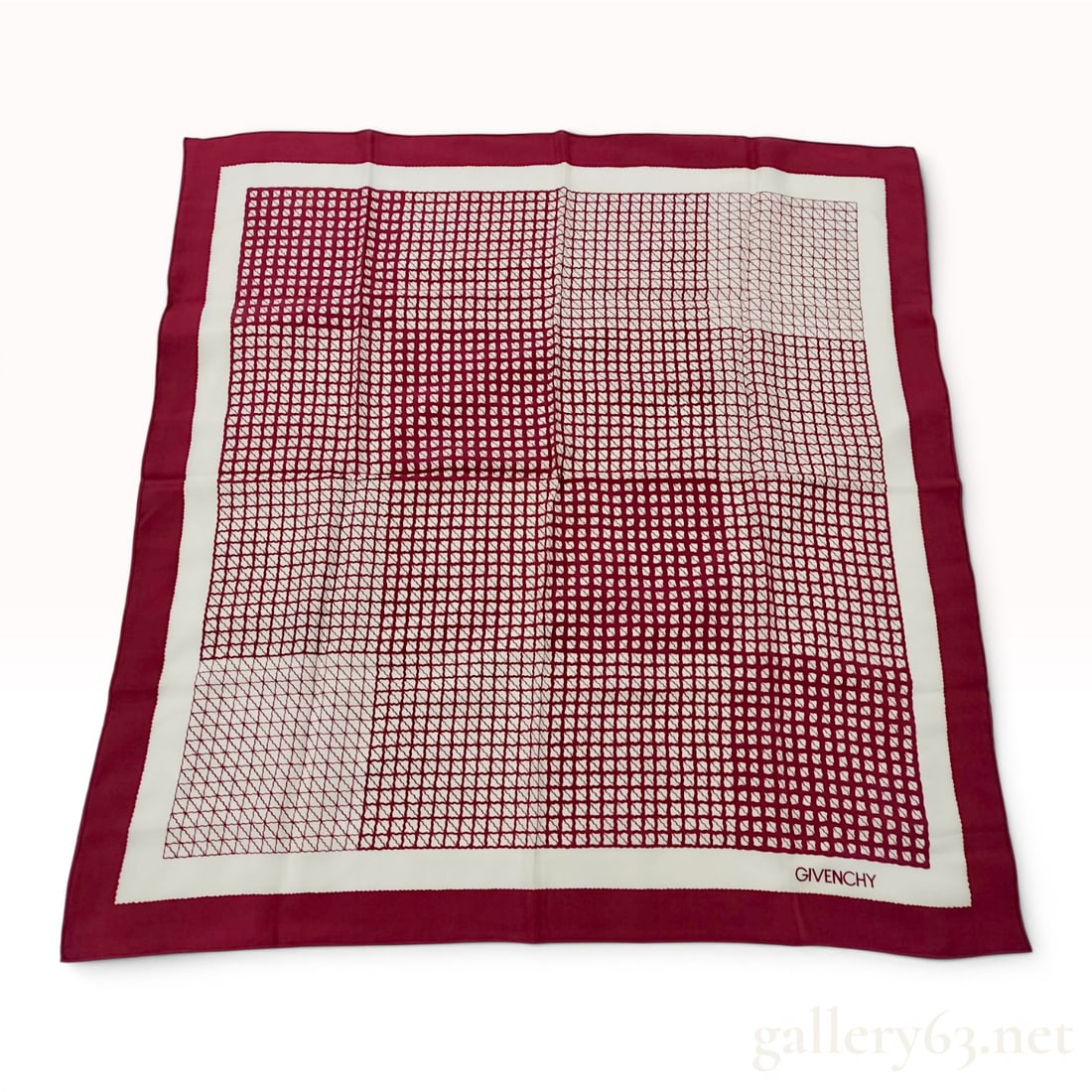Givenchy Burgundy and White Geometric Grid Silk Scarf (1 of 8)