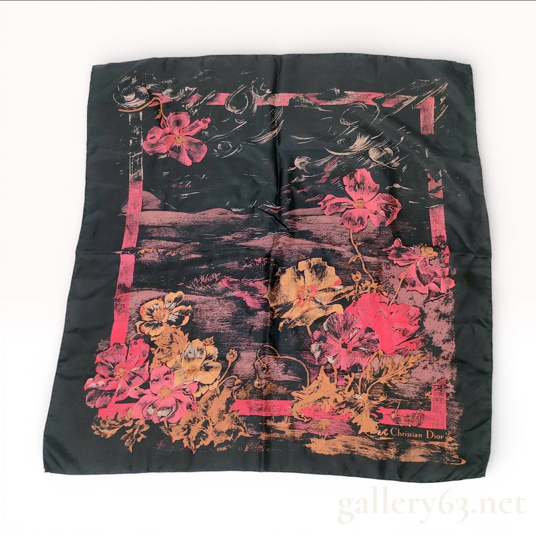 Christian Dior Silk Scarf, Artistic Floral Pattern: This Christian Dior square scarf is crafted from silk twill, featuring a characteristic diagonal weave and hand-rolled edges. The design showcases a painterly, artistic floral motif with large blossom
