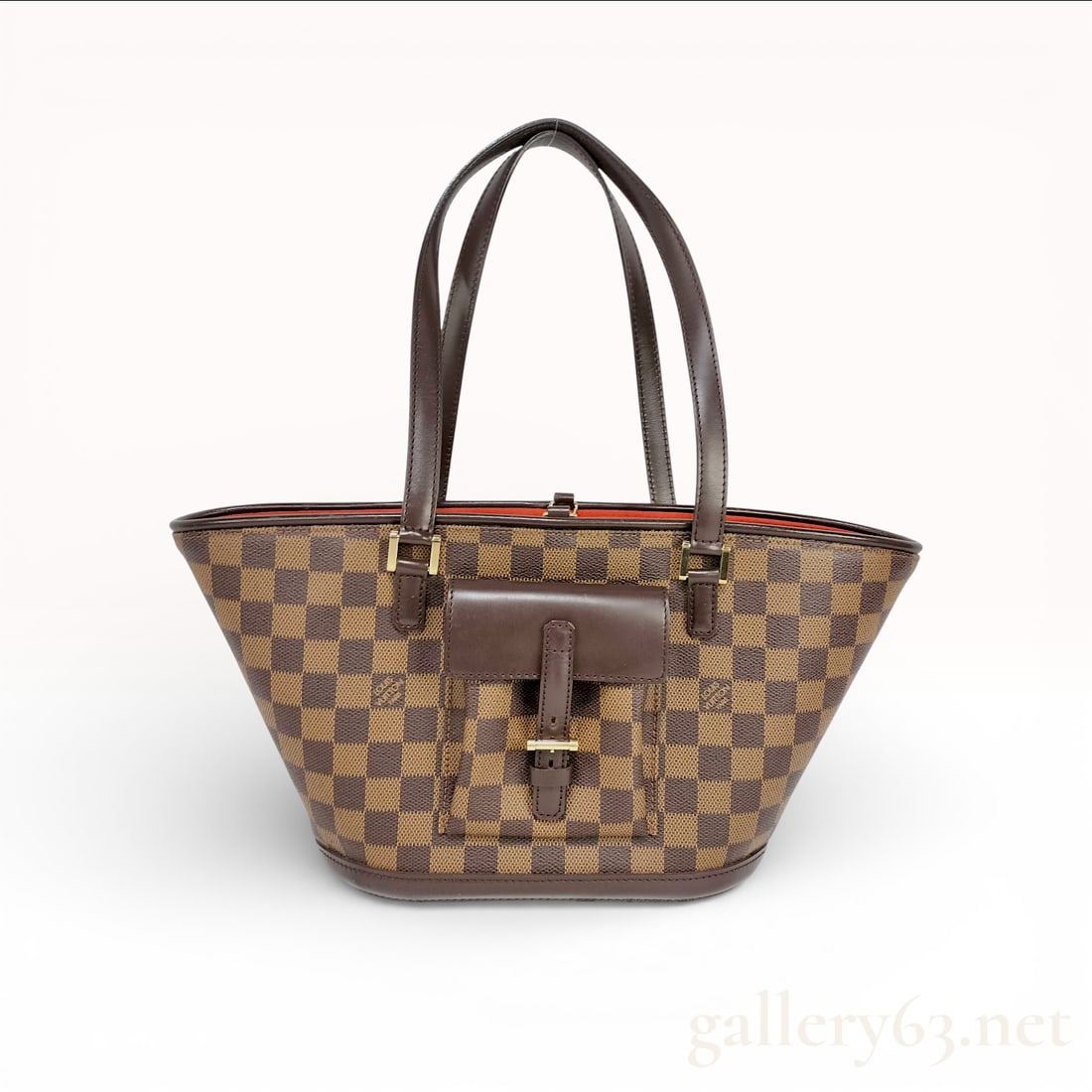 Louis Vuitton Manosque PM Handbag, Damier Ebene Canvas, Brown: This Louis Vuitton Manosque PM is a sophisticated tote crafted from signature Damier Ebene coated canvas with dark brown cowhide leather trim. The exterior features a distinctive front pocket with a l
