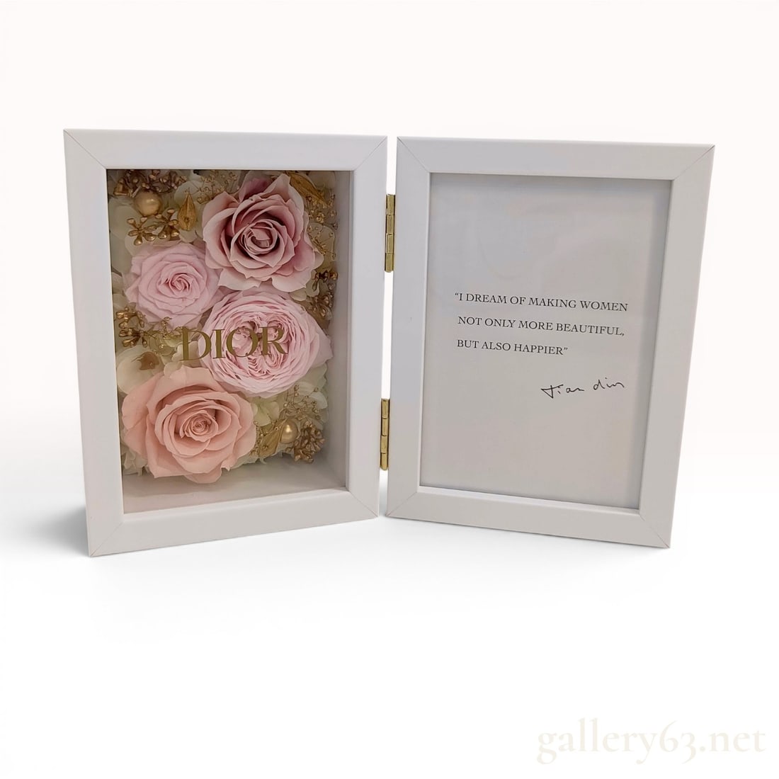 Dior Preserved Flower Folding Double Frame Novelty Item w/Box: Dior branded promotional double folding frame featuring a preserved flower shadow box and photo insert. The left shadow box contains an arrangement of blush and pink preserved roses accented with meta
