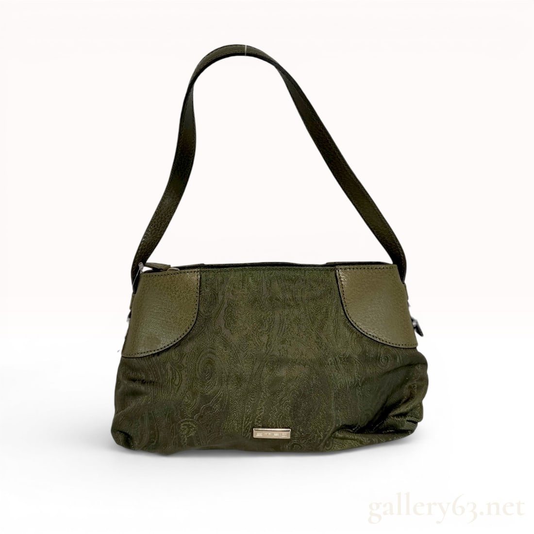 Etro Olive Green Paisley Jacquard and Leather Shoulder Bag: This small shoulder bag by Etro is constructed from olive green jacquard fabric featuring a tonal, all-over paisley pattern. The design is accented with olive green pebbled leather trim at the upper c