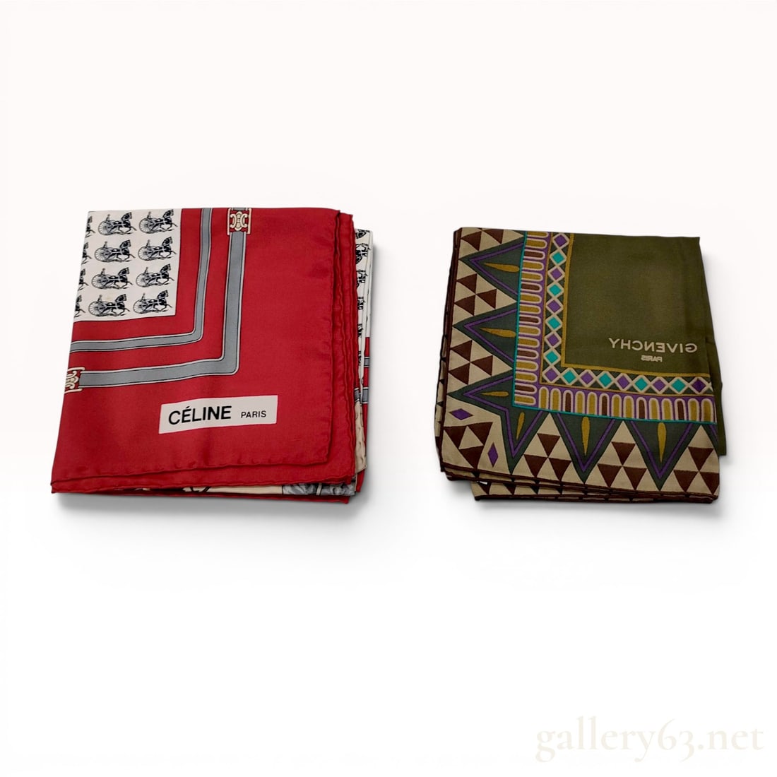 Two Designer Silk Scarves by Celine and Givenchy: A Celine Paris equestrian motif silk scarf and a Givenchy Paris geometric border silk scarf. The Celine scarf features a red field with a recurring horse and carriage pattern in cream and grey, while 