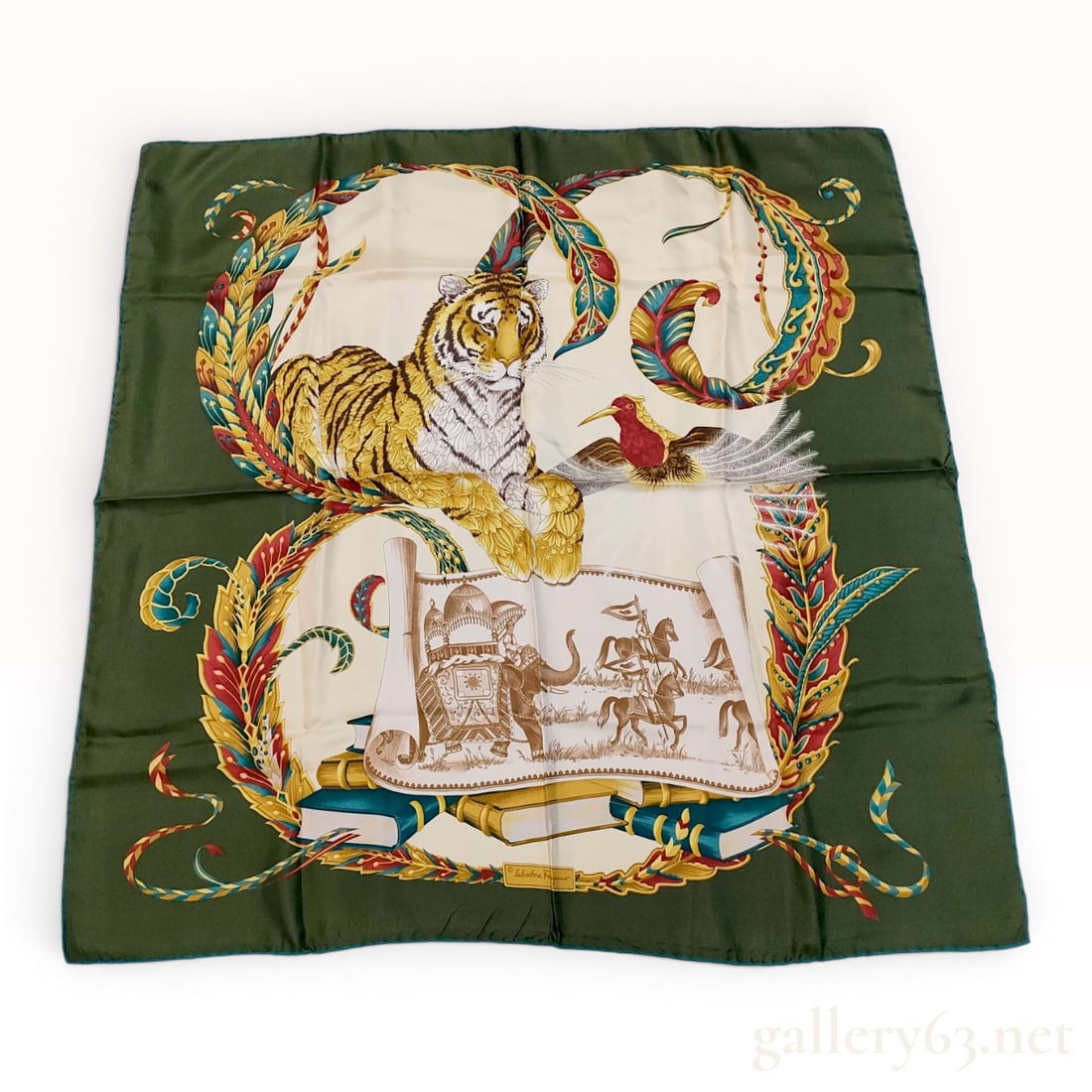 Salvatore Ferragamo Italian Silk Scarf with Tiger and Orientalist Motif: This square silk scarf is a product of Salvatore Ferragamo, manufactured in Italy. The design features a central cream-colored field depicting a large Bengal tiger in a resting pose next to a vibrant 