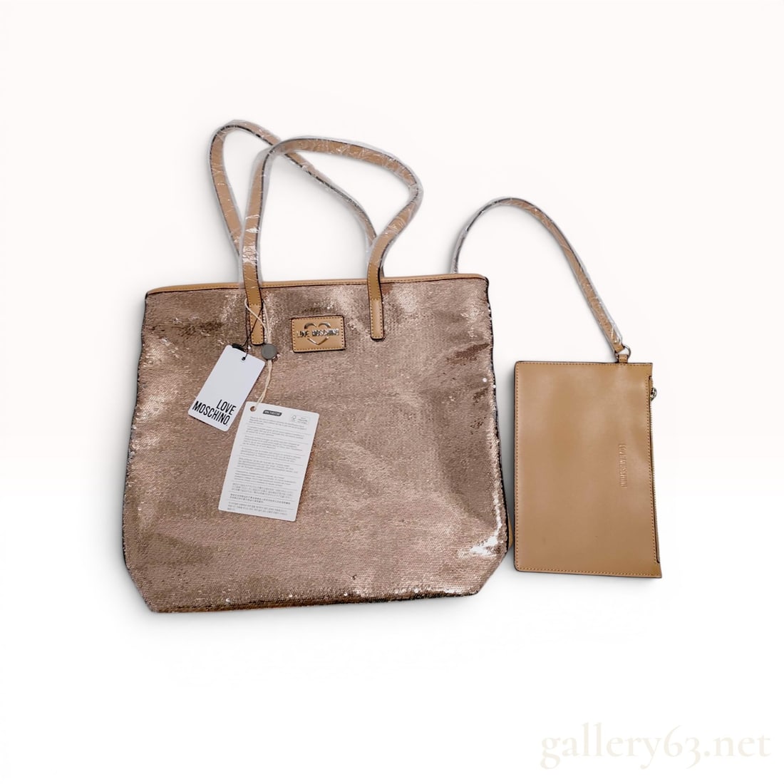 A Pair of Love Moschino Rose Gold Sequined Bags: Love Moschino rose gold sequined tote bag and coordinating pouch, contemporary. The tote features an all-over sequined exterior with tan synthetic leather trim, double flat handles, and a raised gold-