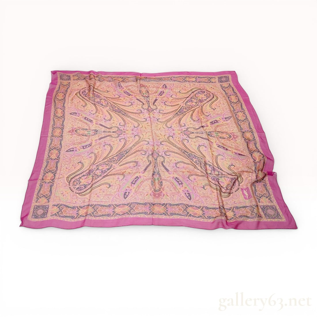 Yves Saint Laurent 100% Silk Paisley Motif Square Scarf 105cm w/Box: This large square scarf is made of 100% silk and features an intricate, multi-colored paisley pattern throughout the center. The design includes a palette of lavender, yellow, green, and pink, which i
