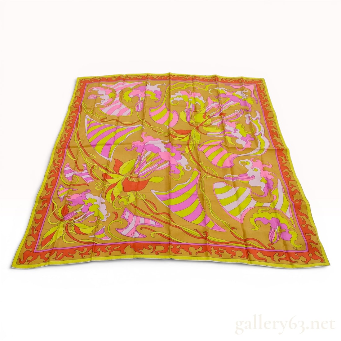 Emilio Pucci Vintage Silk Scarf with Psychedelic Abstract Pattern: Vintage Emilio Pucci silk foulard featuring a signature mid-century psychedelic abstract design on an ocher ground. The composition displays complex swirling organic forms in bubblegum pink, lime gree