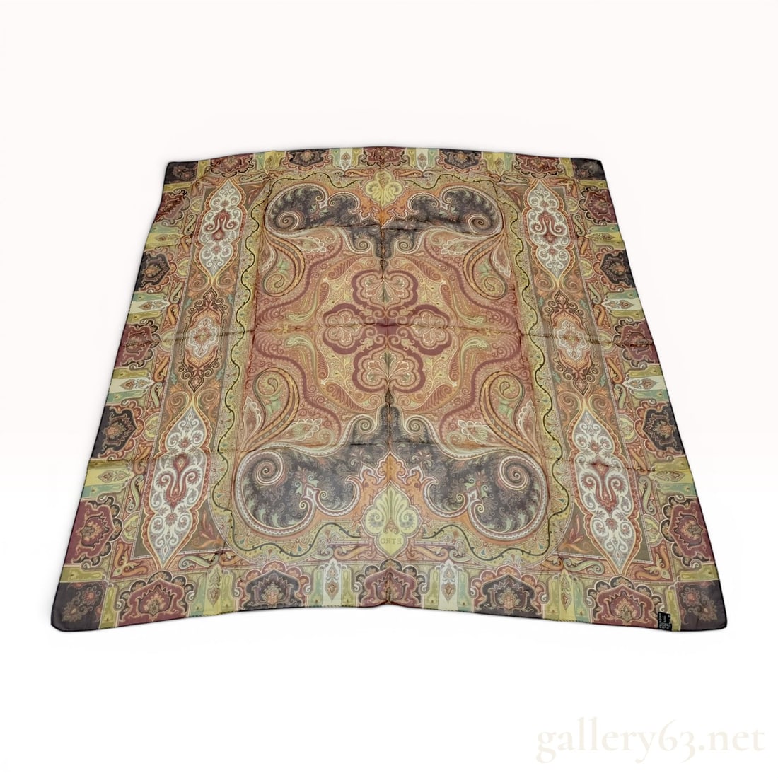 Etro Punjab Pattern 100% Silk Scarf with Original Box: Etro square silk scarf in the Punjab pattern, made in Italy. Features a symmetrical paisley and floral motif in earthy tones of brown, terracotta, ochre, gold, and sage green with hand-rolled and stit