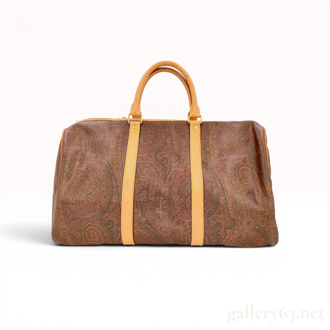 Etro Large Paisley Printed Coated Canvas Travel Duffle Bag: Etro large travel duffle bag in signature paisley print. Crafted from multi-color coated canvas with tan leather trim and gold-tone brass hardware. Features include a removable leather luggage tag wit