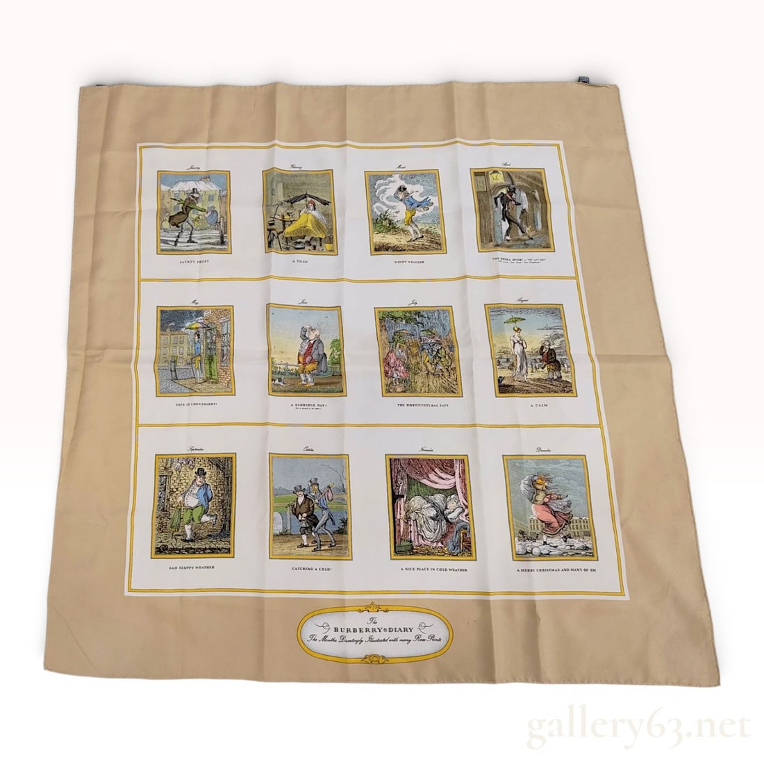 Vintage Burberry Silk Scarf The Burberry Diary Pattern: Vintage Burberry silk twill scarf in The Burberry Diary pattern. The design features twelve satirical monthly illustrations in an antique style, each framed in gold within a white field and a tan bord