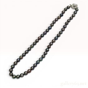 Single-strand black cultured pearl necklace with silver floral clasp w/Box
