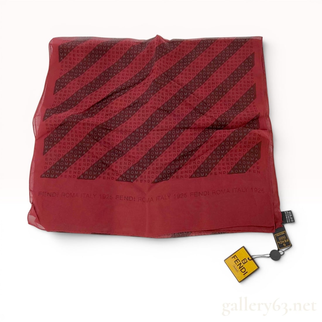 Fendi Red Logo Pattern Silk Foulard Scarf new with tags: Fendi silk foulard scarf featuring a repeating diagonal logo motif and printed border text reading FENDI ROMA ITALY 1925. Crafted from 100% silk with hand-rolled edges and original retail hangtags. In