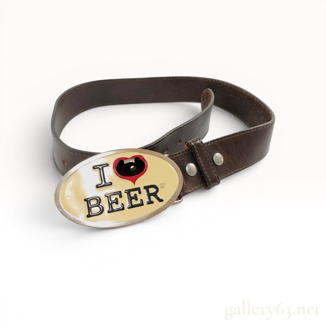Dsquared2 I Love Beer Leather Belt with Bottle Opener Buckle: Dsquared2 novelty leather belt with an integrated bottle opener buckle. The oval metal buckle features cream enamel with raised I BEER lettering, a circled D logo, and a die-cut red heart icon functio