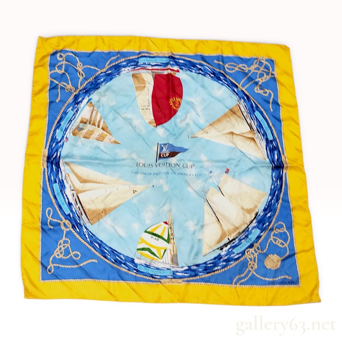 Louis Vuitton America's Cup Nautical Silk Scarf: Louis Vuitton silk twill scarf commemorating the Louis Vuitton Cup challenger races for the America's Cup. The nautical-themed design features illustrations of historic racing yachts including the End