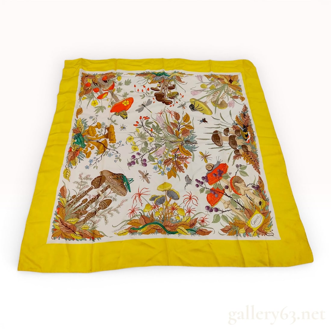 Vintage Gucci Vittorio Accornero Mushroom Botanical Print Silk Scarf: A vintage silk scarf by Gucci featuring the botanical Funghi or mushroom print designed by artist Vittorio Accornero. The naturalist design depicts various mushroom species, including Amanita muscaria
