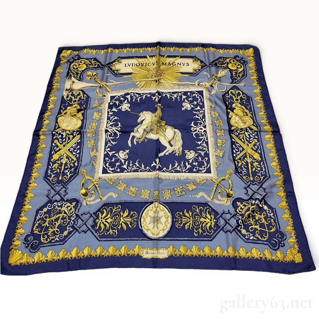 Hermes Ludovicus Magnus Silk Carre Scarf: Hermès silk twill scarf in the Ludovicus Magnus pattern, originally designed by Françoise de la Perrière. The design features a central equestrian portrait of King Louis XIV on a 