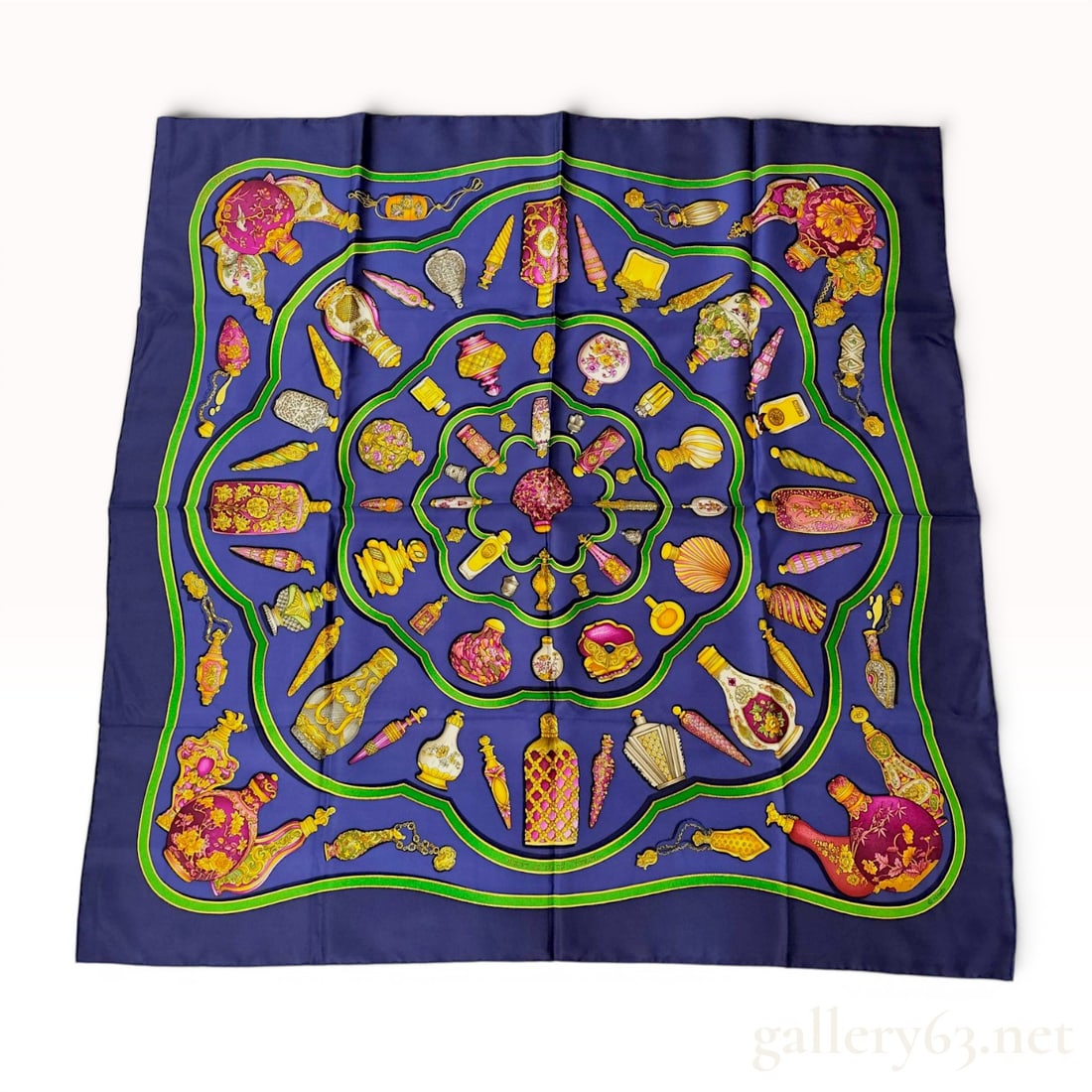 Hermes Qu'importe le flacon 90cm Silk Scarf: Hermès silk twill scarf in the Qu'importe le flacon pattern, originally designed by Catherine Baschet and first issued in 1988. The design features an array of ornate, antique-style perfume bot