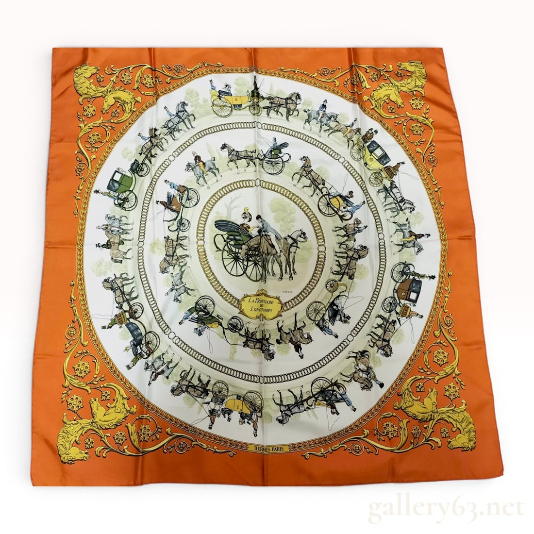 Hermes La Promenade de Longchamps Silk Scarf by Philippe Ledoux: A vintage Hermès silk scarf in the La Promenade de Longchamps pattern, originally designed by Philippe Ledoux. The design features a series of 19th-century horse-drawn carriages and equestrian 