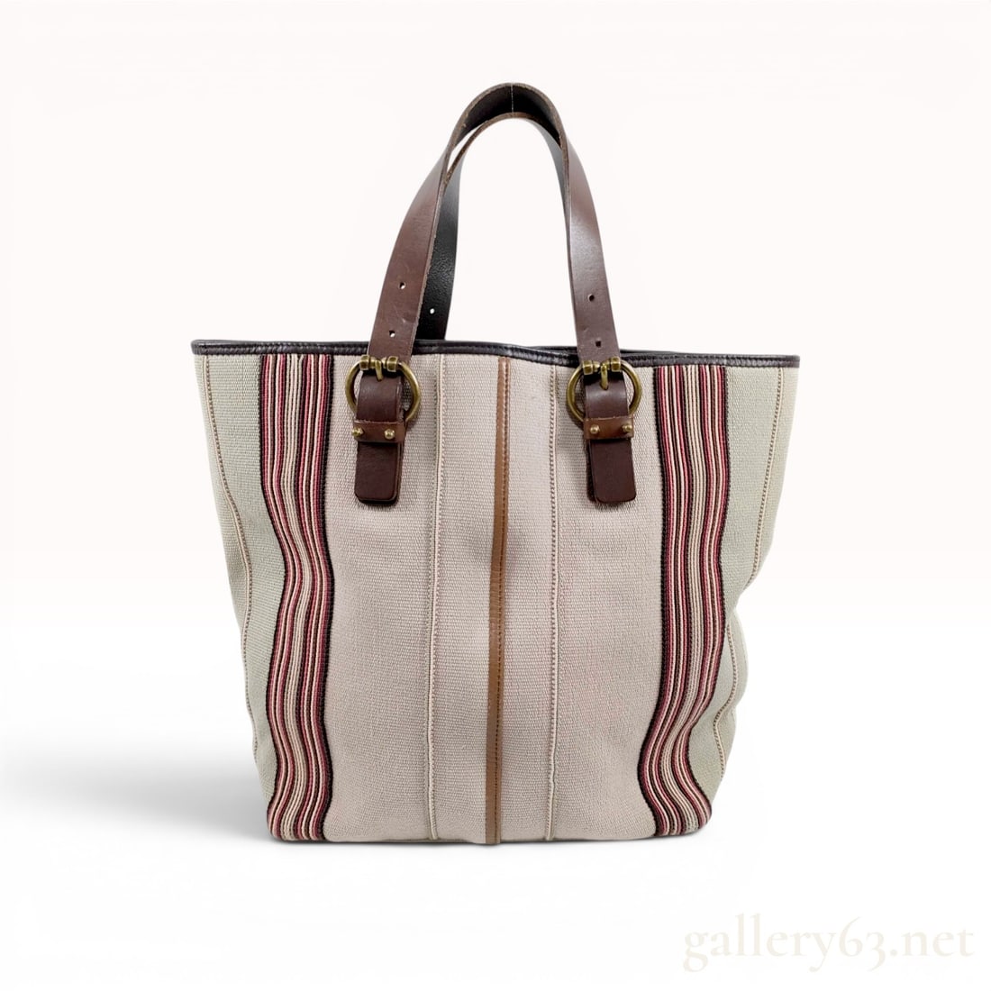 Bottega Veneta Striped Canvas and Leather Tote Bag: Bottega Veneta open-top tote bag crafted from oatmeal-colored woven canvas with multi-colored vertical stripes in burgundy, pink, and tan. The exterior is accented with dark brown leather trim, a cent