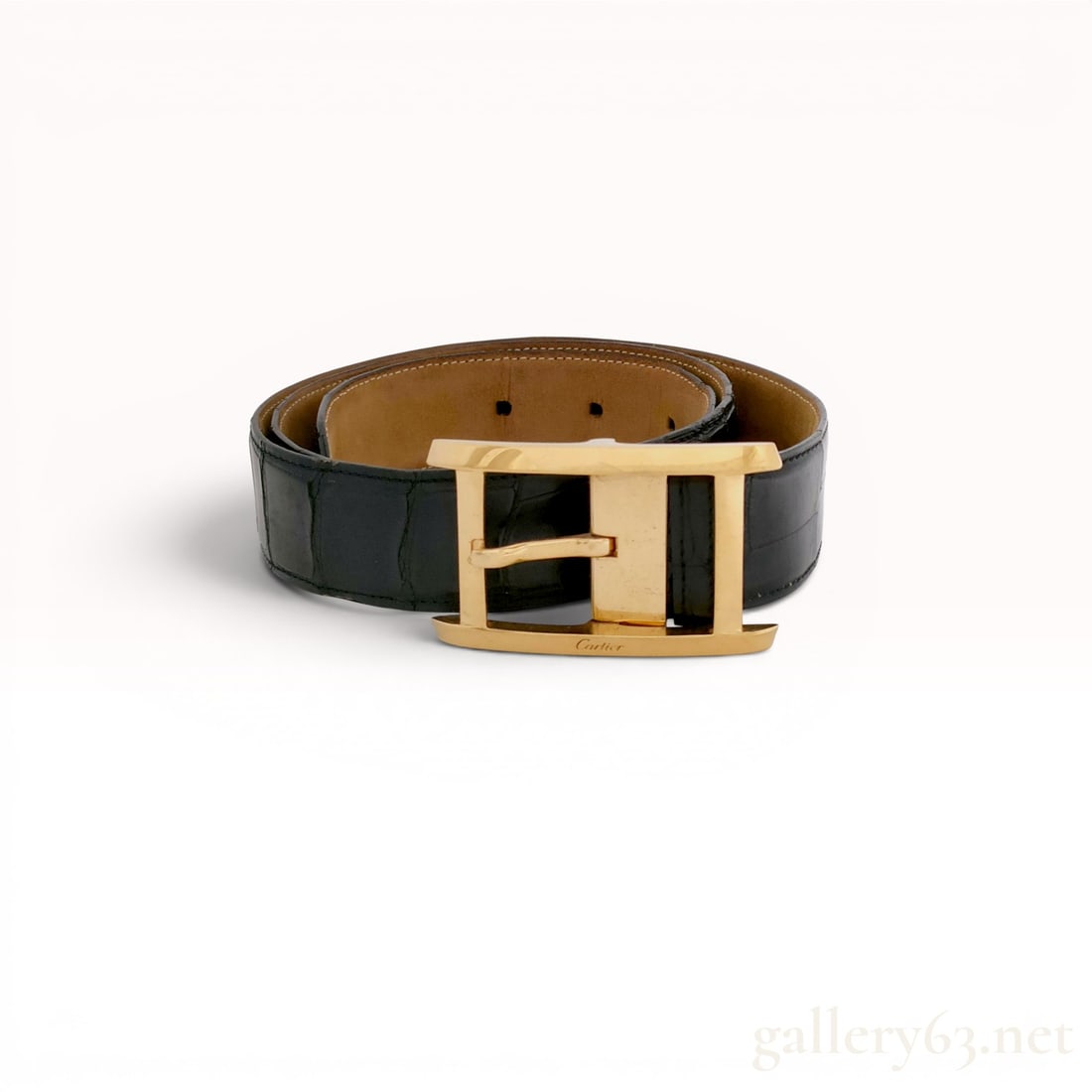 Cartier Black Glazed Exotic Leather Waist Belt with Gold-Toned Hardware: Cartier Paris waist belt crafted from black glazed exotic leather, likely crocodile or alligator. The strap features a smooth tan leather interior lining and a large rectangular gold-toned buckle with