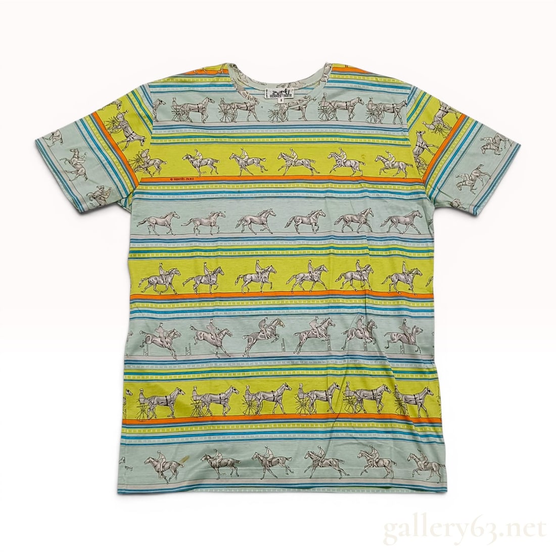 Hermes Equestrian Motif Striped Cotton Jersey T-Shirt: Herm?¨s short-sleeved cotton jersey t-shirt featuring a repeating equestrian motif pattern, made in Italy. The design consists of horizontal bands in mint green and lime yellow depicting horse-drawn 