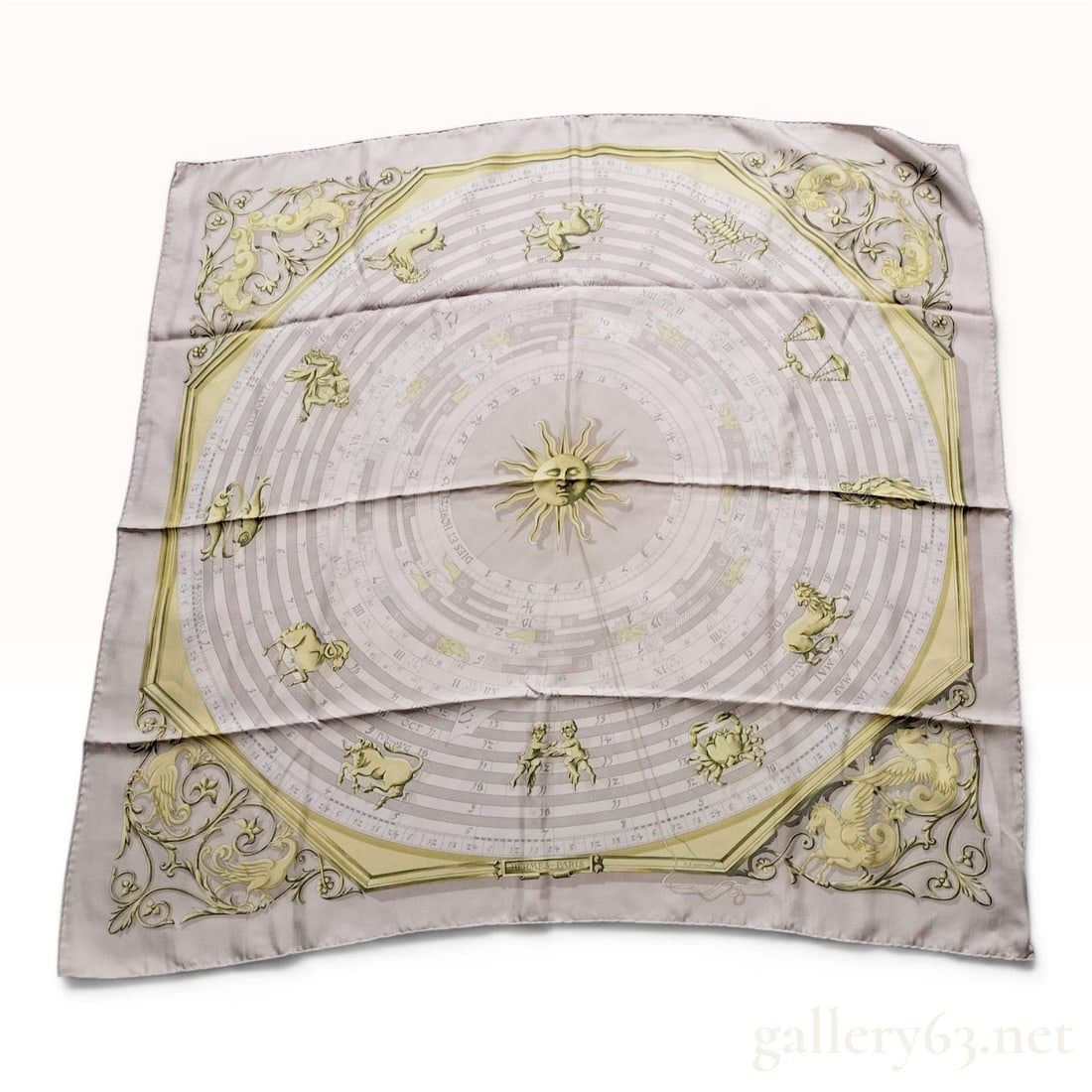 Hermes Dies et Hore Astrologie Surteint Dip Dye Silk Scarf: Hermès silk carré in the Dies et Hore pattern, also known as Astrologie, originally designed by Françoise Faconnet. This Surteint Dip Dye edition features a muted lavender-grey an