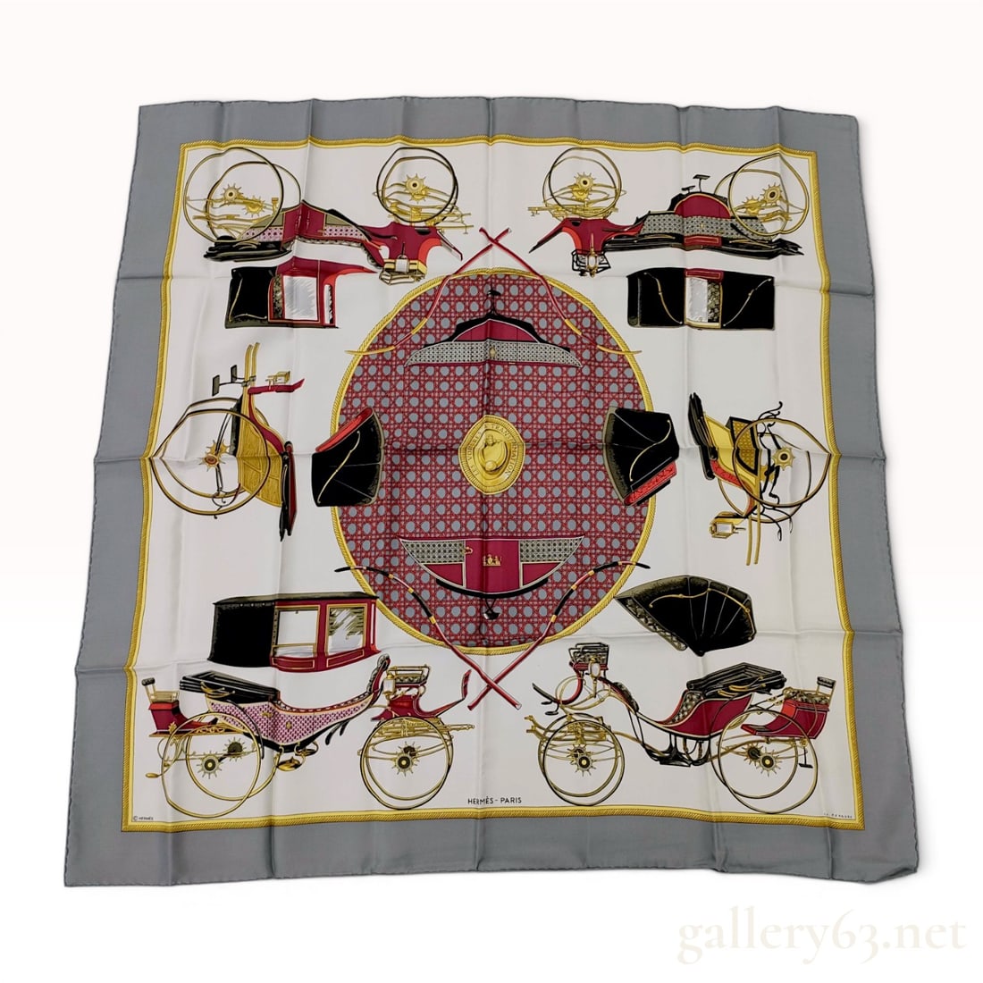 Hermes Les Voitures a Transformation Silk Scarf: Hermès silk Carré 90 scarf in the Les Voitures à Transformation pattern, originally designed by Françoise de la Perrière. The design features detailed 19th-century h