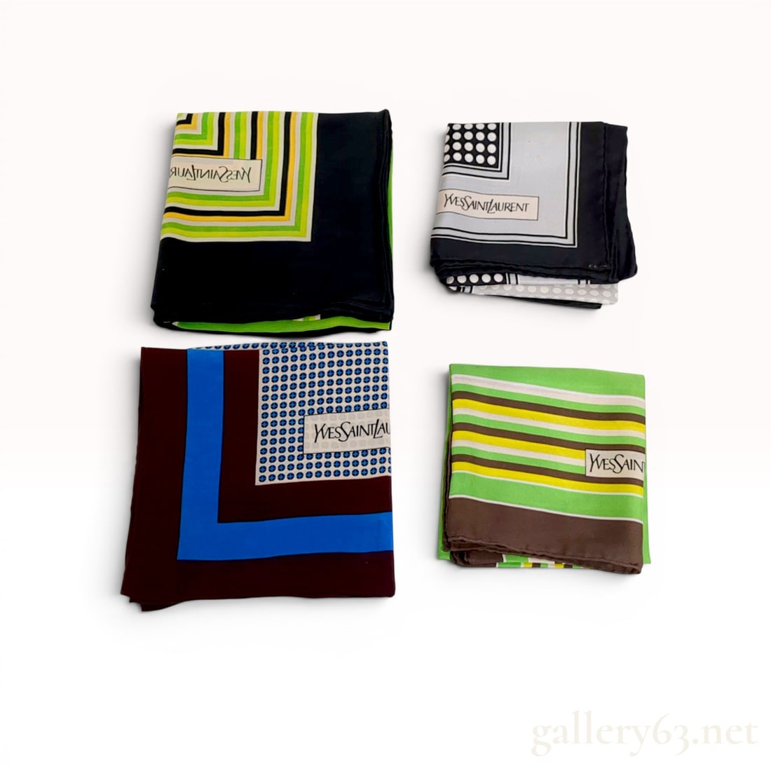 Lot of Four Yves Saint Laurent Silk Pocket Squares w/Box: Lot of four vintage Yves Saint Laurent silk pocket squares, circa 1980s. The assortment features various geometric, striped, and polka dot patterns in palettes of lime green, brown, blue, and black, a