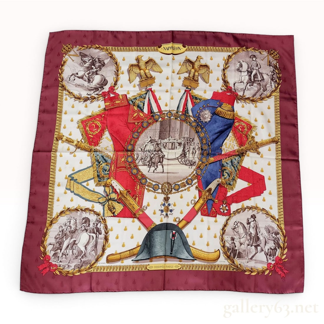 Hermes Napoleon Silk Scarf by Philippe Ledoux: This vintage Hermès silk scarf features the iconic Napoléon design by Philippe Ledoux, first issued in 1963. The central motif consists of an ornate circular medallion depicting an imper