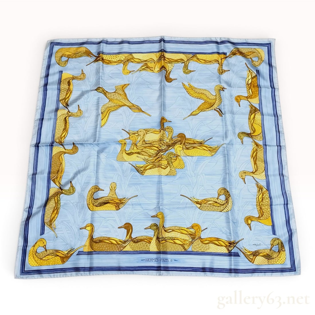 Hermes La Mare aux Canards Silk Carre 90 Scarf: An Hermès Paris silk scarf in the pattern La Mare aux Canards, designed by artist Joseph Metz. This Carré 90 scarf is made from 100 percent silk and finished with hand-rolled edges. The 