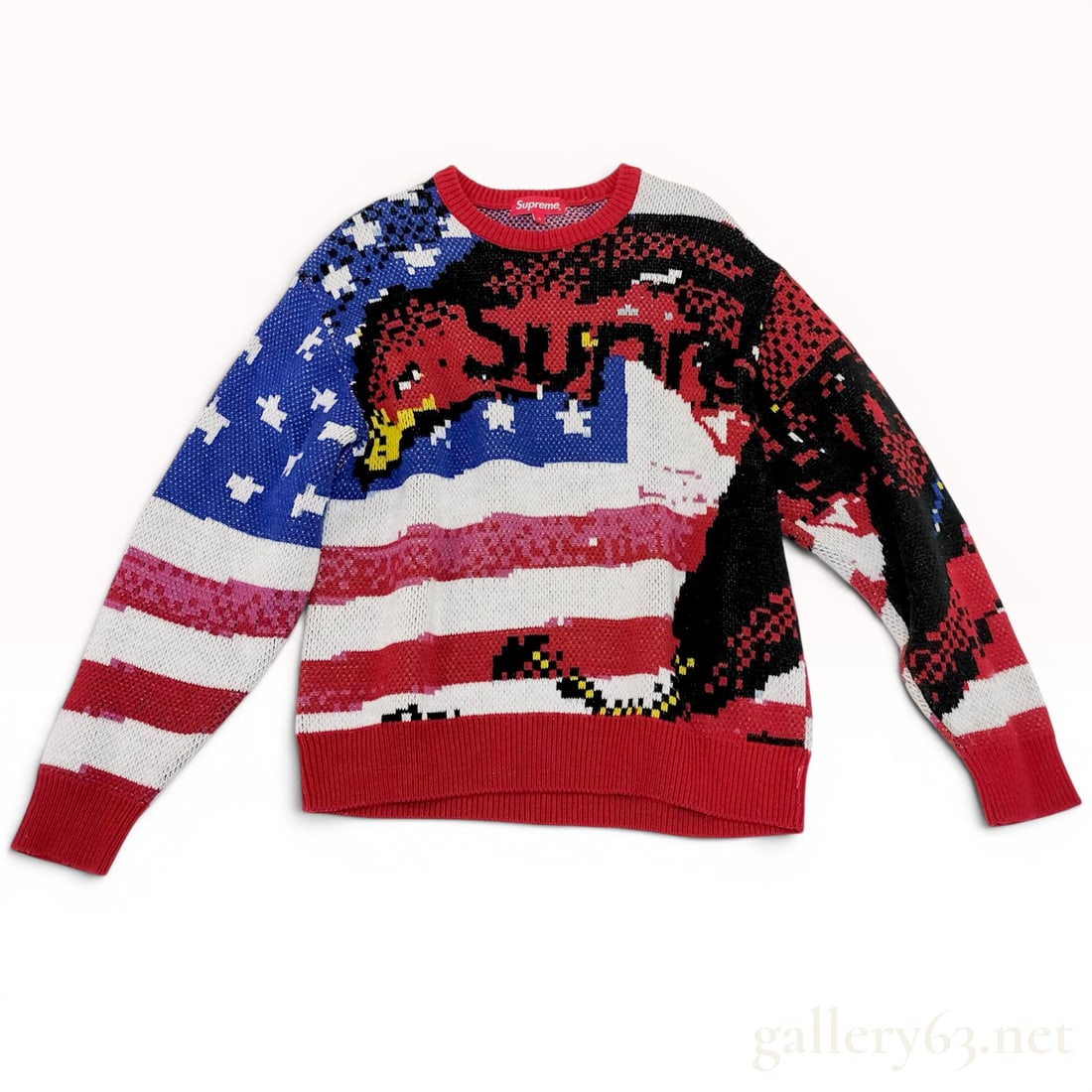 Supreme Digital Flag Sweater, Red, SS21, Size Small: Supreme Digital Flag intarsia knit crewneck sweater from the Spring/Summer 2021 collection. The 100% acrylic garment features an all-over graphic of a stylized red eagle superimposed on an American fl
