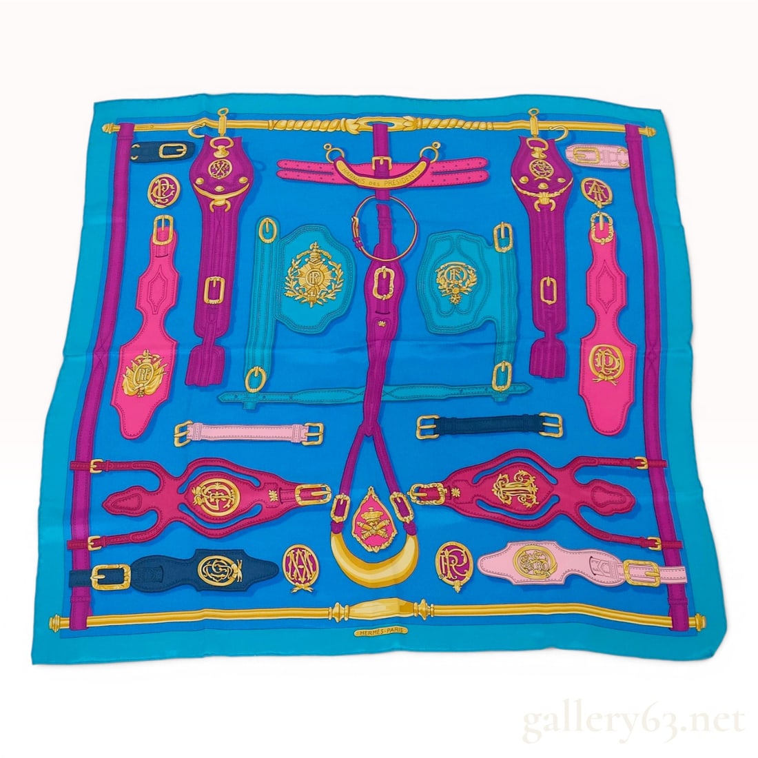 Hermes Harnais des Presidents Silk Gavroche Scarf: Hermès silk gavroche scarf featuring the Harnais des Présidents design by Marie-Françoise Héron. The print displays various equestrian harness elements in fuchsia, navy, an