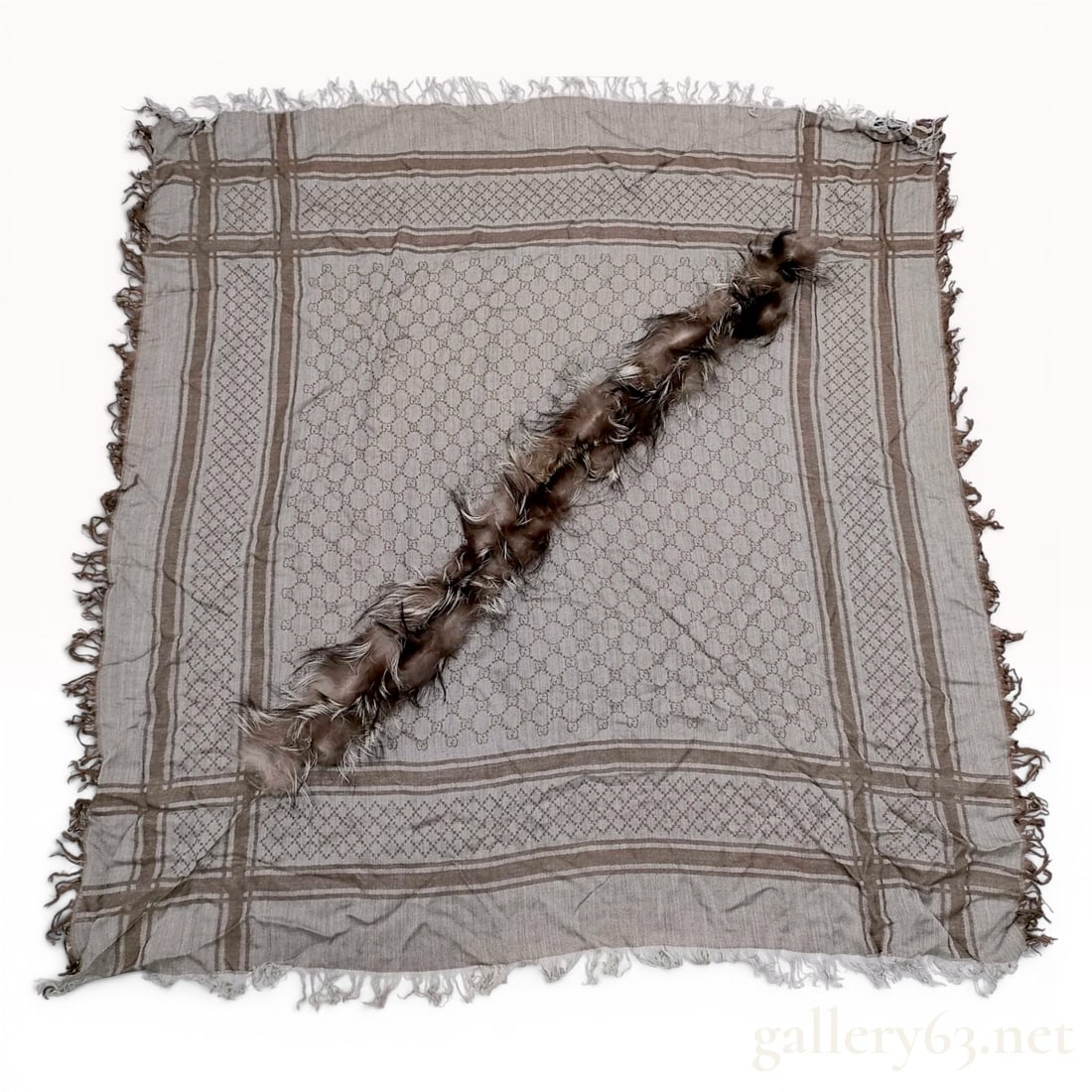 Gucci GG Survive Monogram Wool Silk Fox Fur Shawl: Gucci Survive square shawl featuring a tonal brown and taupe GG monogram pattern. The accessory is crafted from a blend of 70 percent wool and 30 percent silk, detailed with a geometric lattice border