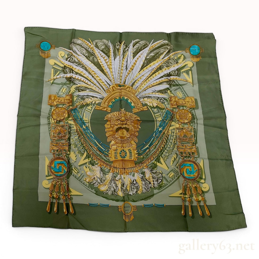Hermes Paris Mexique Silk Scarf by Caty Latham: Hermès Paris silk scarf in the Mexique pattern, designed by artist Caty Latham and originally issued in 1985. This square scarf is crafted from 100% silk twill and features an intricate Pre-Col