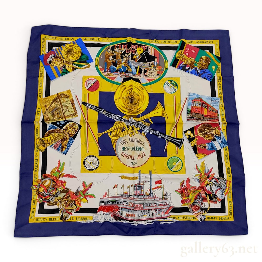 Hermes 90cm Silk Scarf The Original New Orleans Creole Jazz 1923: This Hermès silk twill scarf, titled The Original New Orleans Creole Jazz 1923, was designed by artist Loic Dubigeon. The narrative design features a multi-colored composition on a white centra