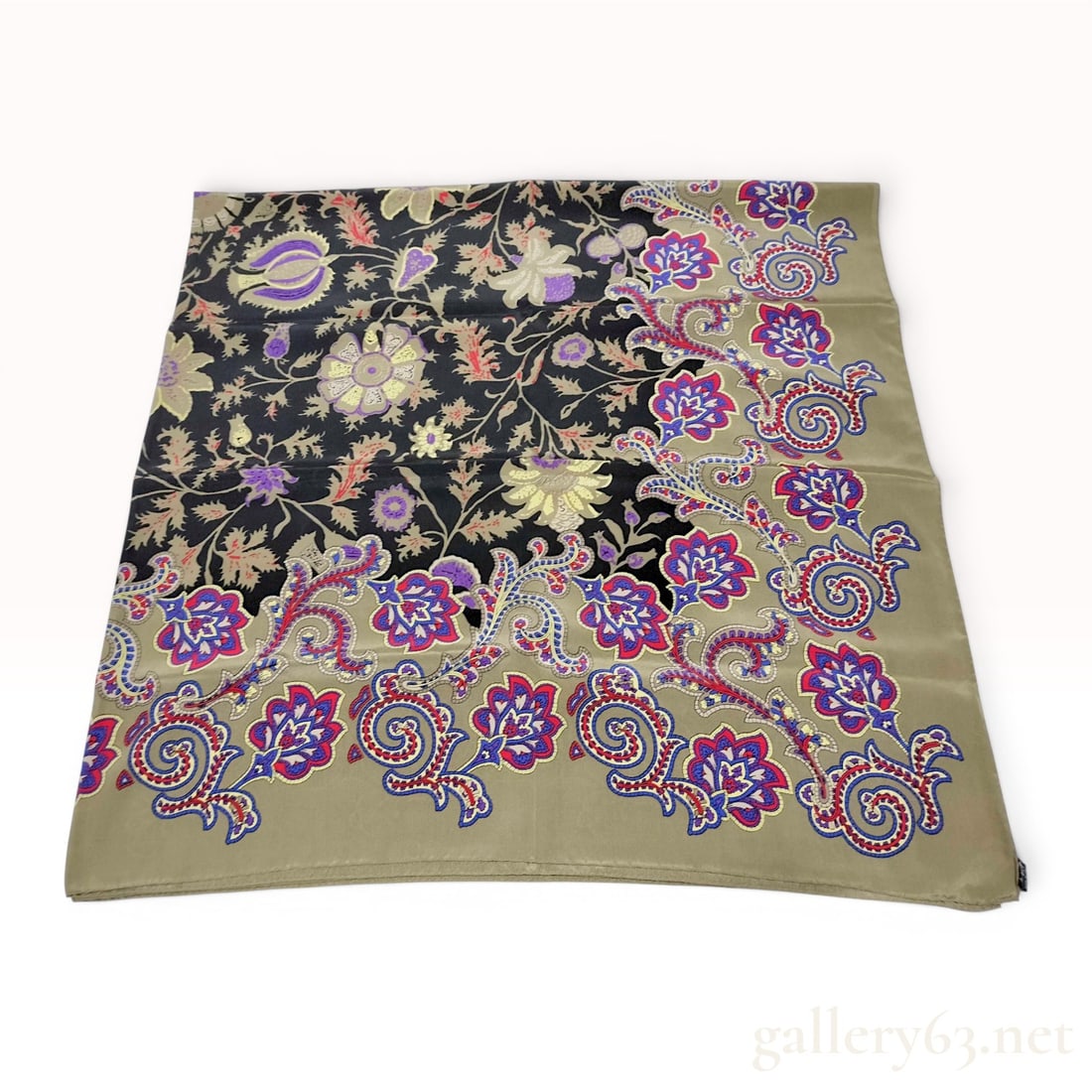LOEWE Italian Printed Silk Scarf w/Box: LOEWE square silk scarf featuring a diagonally divided field of black and sage green decorated with intricate floral and foliate motifs. The multi-colored pattern consists of pomegranate-inspired desi