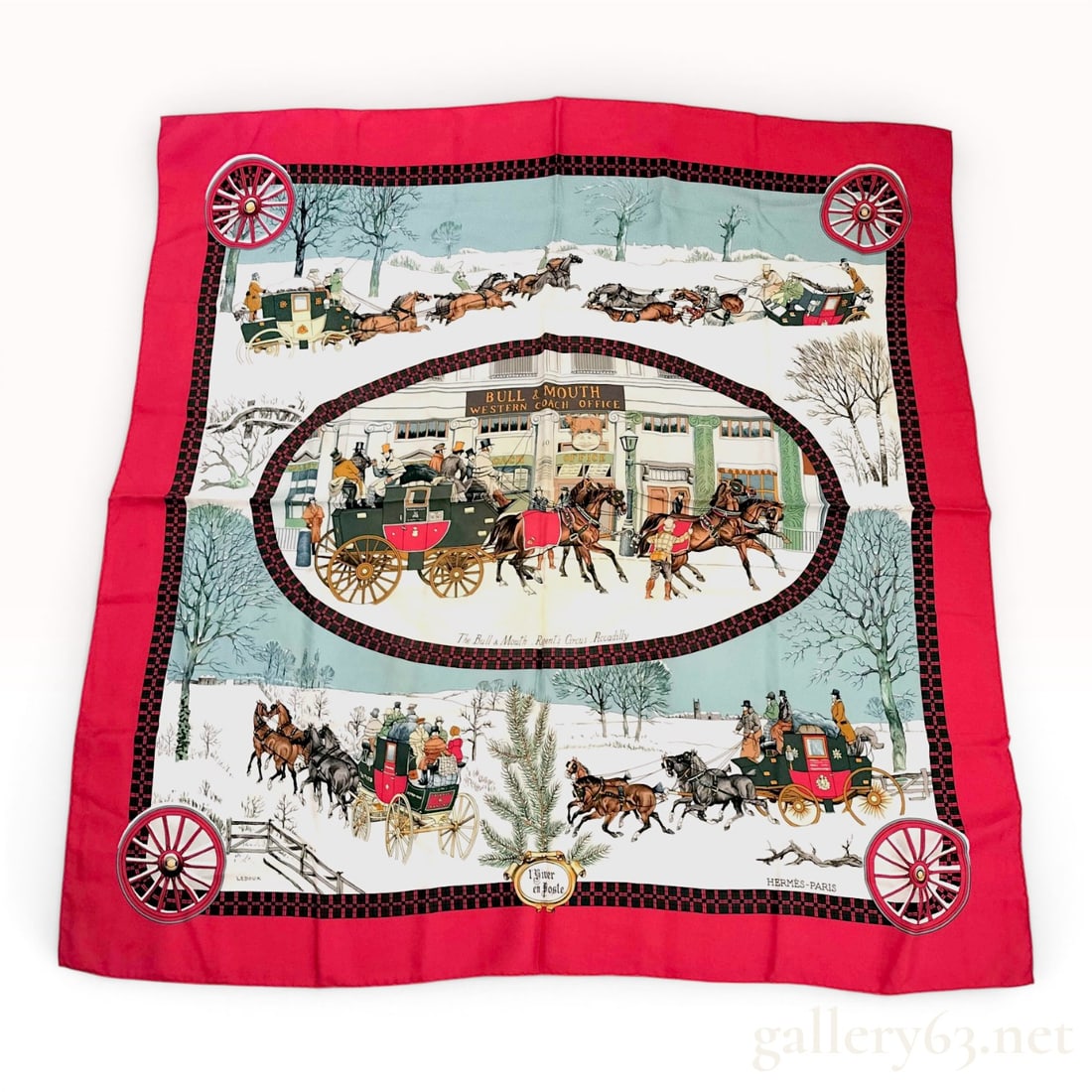 Hermes L'Hiver en Poste Silk Scarf by Philippe Ledoux: This authentic Hermes silk scarf, titled L'Hiver en Poste (Winter Mail), was originally designed by artist Philippe Ledoux. The design features a central oval illustration depicting a stagecoach arriv