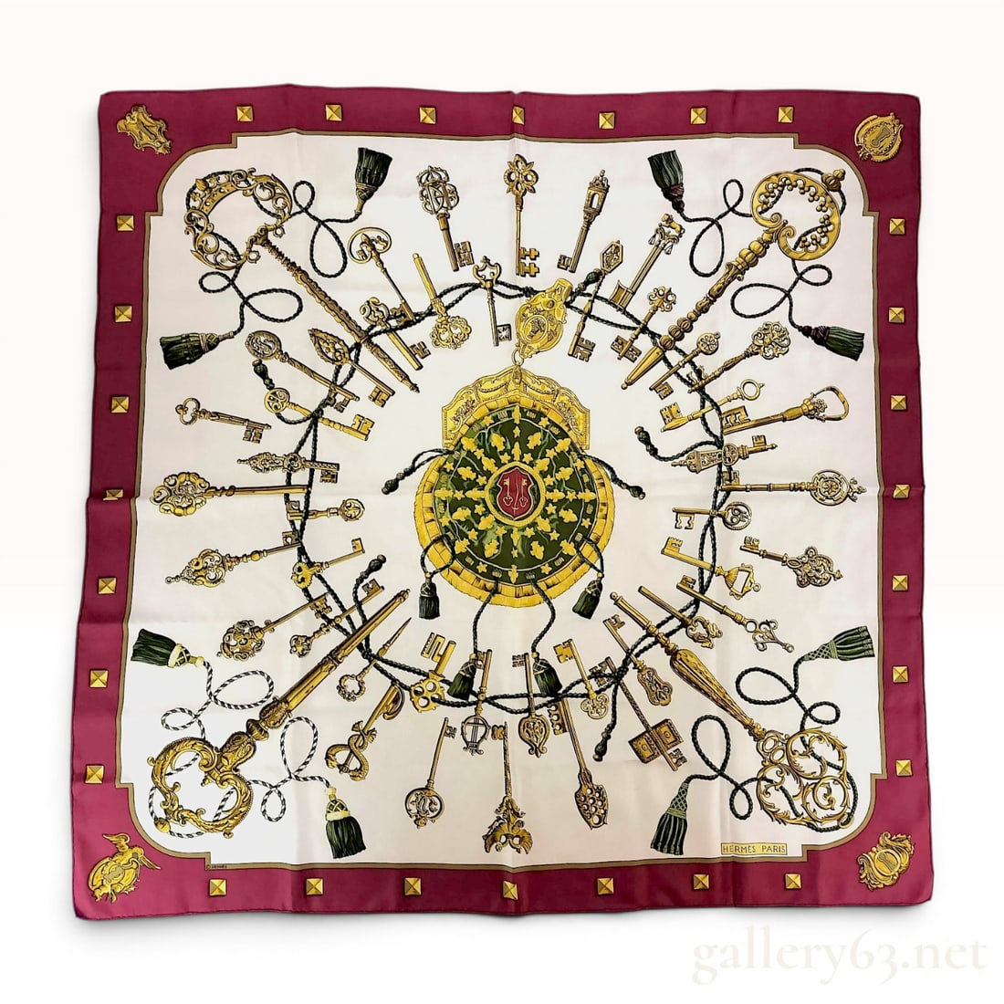 Hermes Silk Twill Les Cles Scarf by Caty Latham: Hermès silk twill scarf in the Les Clés (The Keys) pattern, originally designed by Caty Latham. The screen-printed design features a central ornate medallion surrounded by various histor
