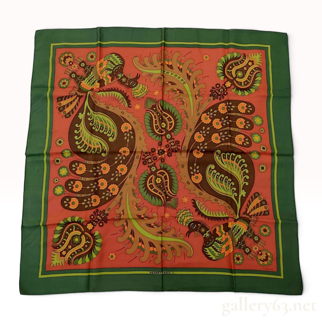 Hermes Skyros Silk Twill Scarf by Jean Abadie: Hermes silk twill scarf in the Skyros pattern, designed by artist Jean Abadie and first issued in 1971. The square design features a Greek folk-art-inspired motif of stylized birds and ornate floral f
