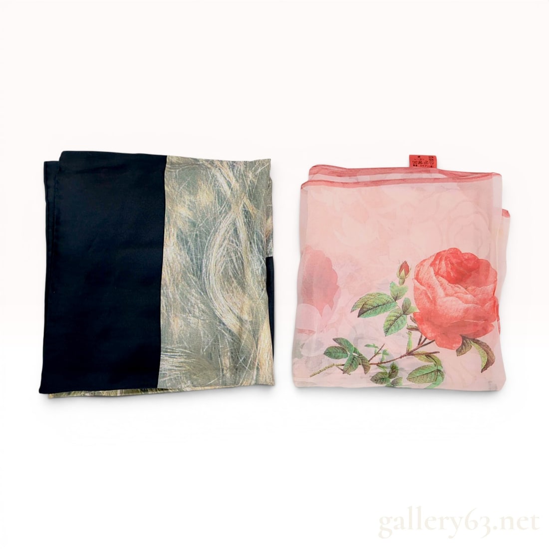 Two Designer and Japanese Silk-Blend Scarves, Including Vivienne Westwood: A collection of two scarves including a designer piece by Vivienne Westwood and a floral silk-blend scarf from Japan. The Vivienne Westwood scarf features a trompe l'oeil hair print juxtaposed with a 