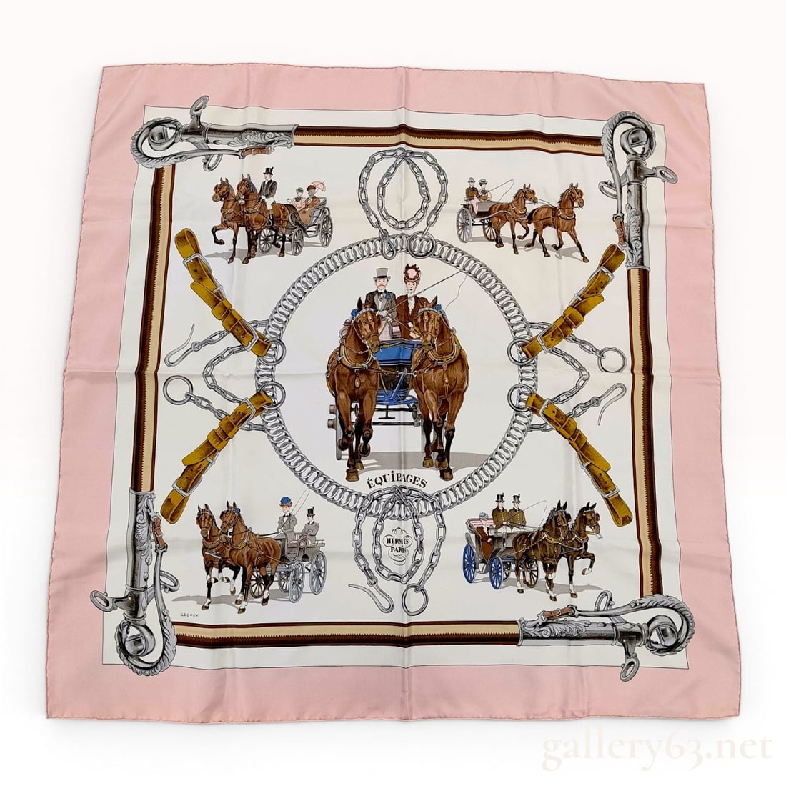 Hermes EQUIPAGES Silk Scarf by Philippe Ledoux: A vintage Hermès Carré 90 silk scarf in the ÉQUIPAGES pattern designed by Philippe Ledoux. The scarf features a central circular medallion depicting a couple in a horse-drawn carr