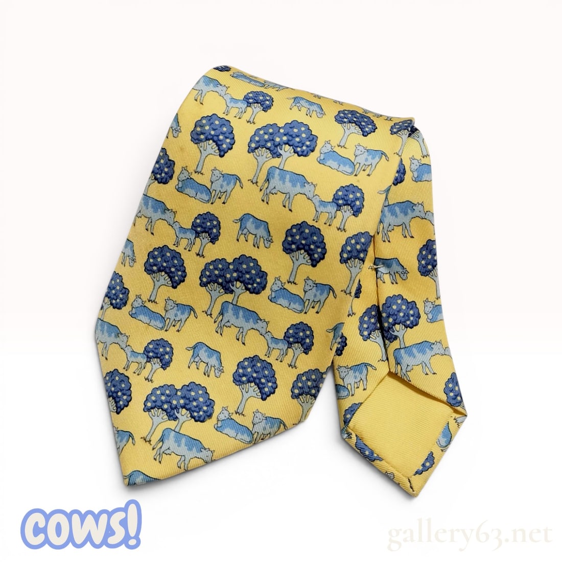 Hermes Yellow Silk Necktie 7527 LA with Cow and Tree Print (1 of 9)