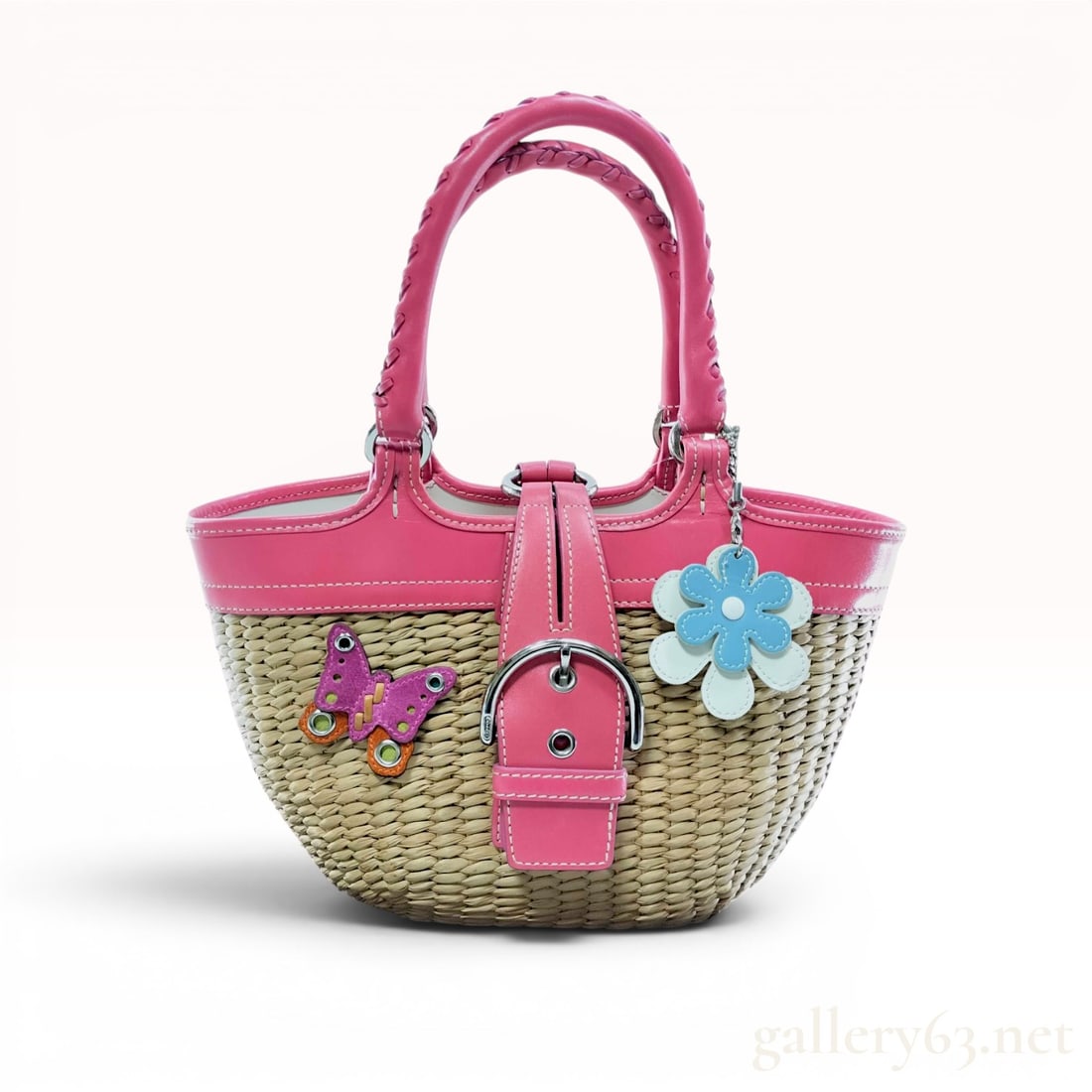Coach Woven Straw and Pink Leather Butterfly Basket Handbag (1 of 10)