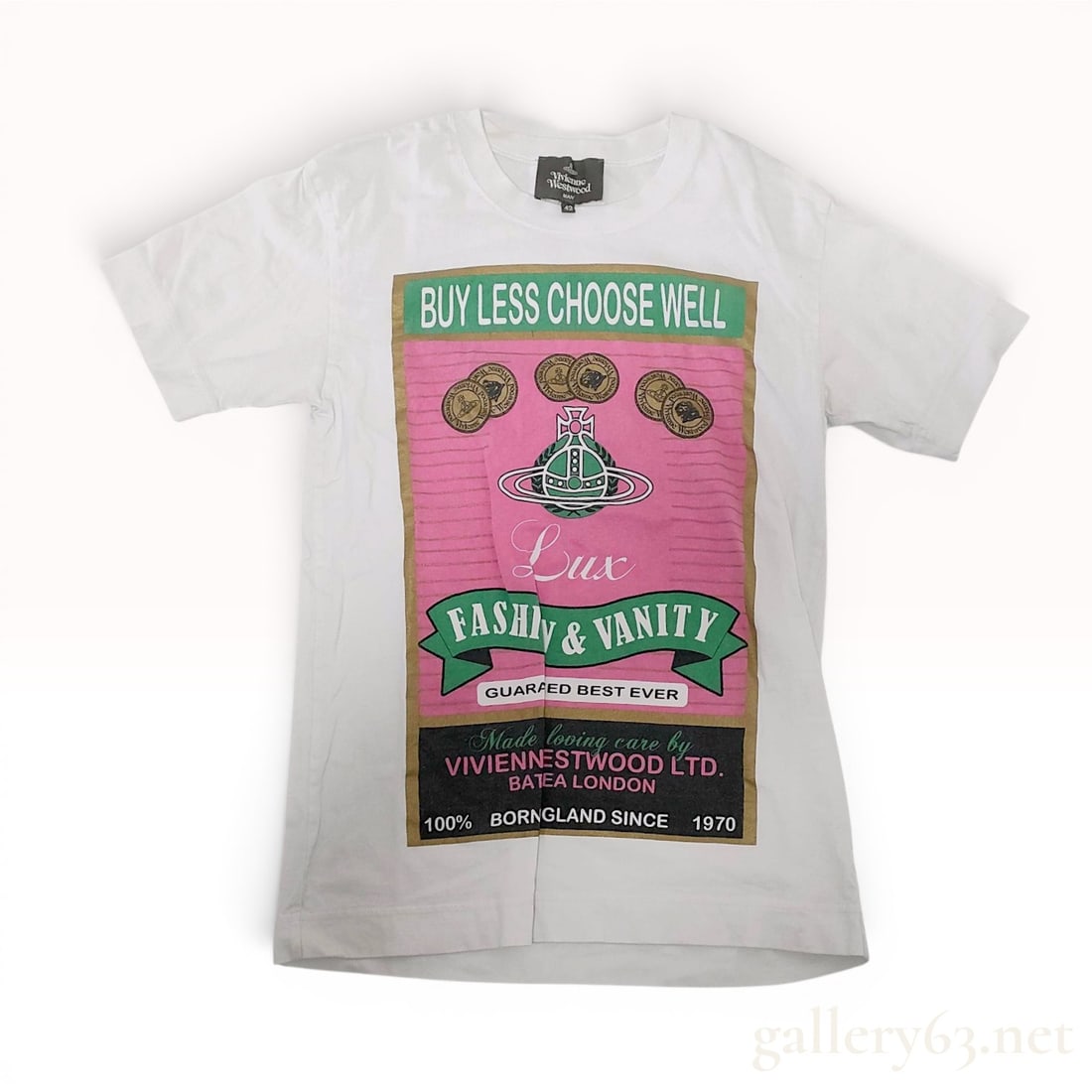 Vivienne Westwood MAN Buy Less Choose Well Graphic T-Shirt Size 42: This short-sleeved cotton t-shirt from Vivienne Westwood MAN features a large rectangular graphic on the front designed in the style of a vintage product label. The multi-colored print includes a gree