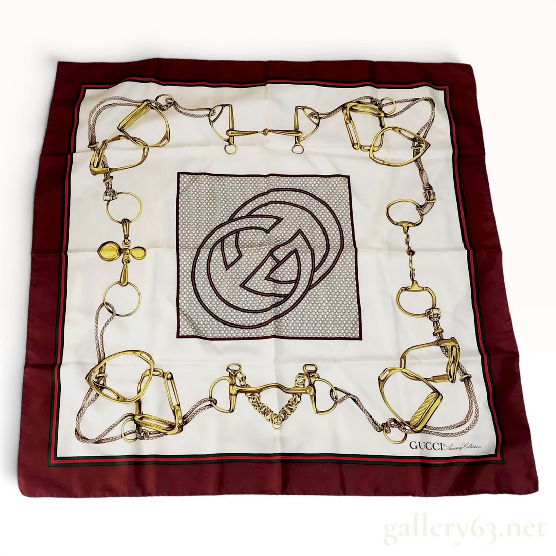 Gucci Accessory Collection Equestrian Motif Silk Square Scarf: A vintage silk square scarf from the Gucci Accessory Collection. The design features a central ivory field with a large, double-outlined interlocking G logo contained within a square frame with a repe
