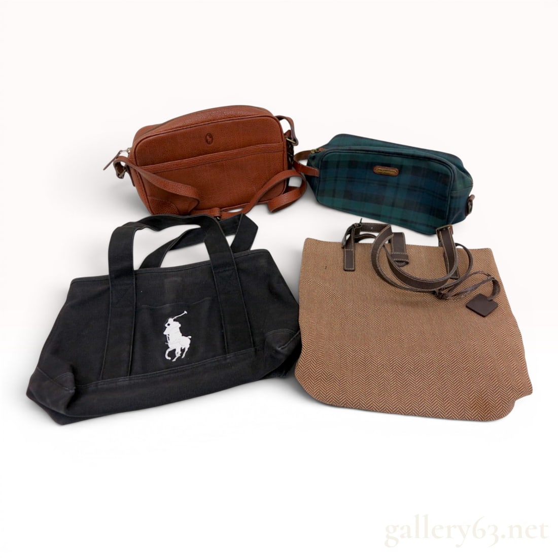 An Assortment of Four Ralph Lauren Handbags: This collection features multiple bags, including pieces from the Ralph Lauren brand portfolio. Included is a Ralph Lauren rectangular crossbody bag crafted in cognac-toned pebbled leather with an adj