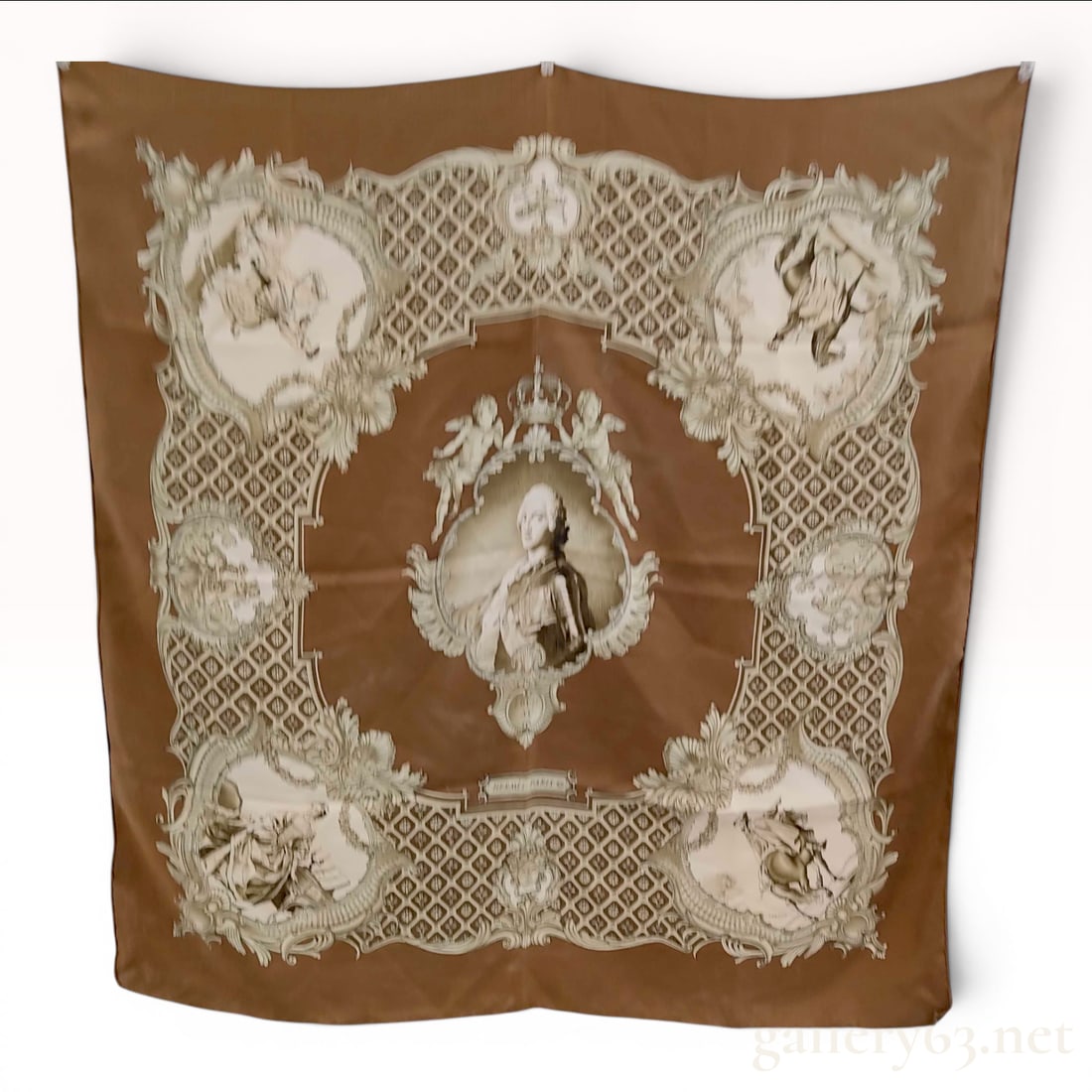 Hermes Louis XV Silk Twill Scarf: A Hermes silk twill scarf in the Louis XV pattern, originally designed by artist Philippe Ledoux and first issued in 1971. This square scarf, known as a carre, is constructed from 100% silk twill