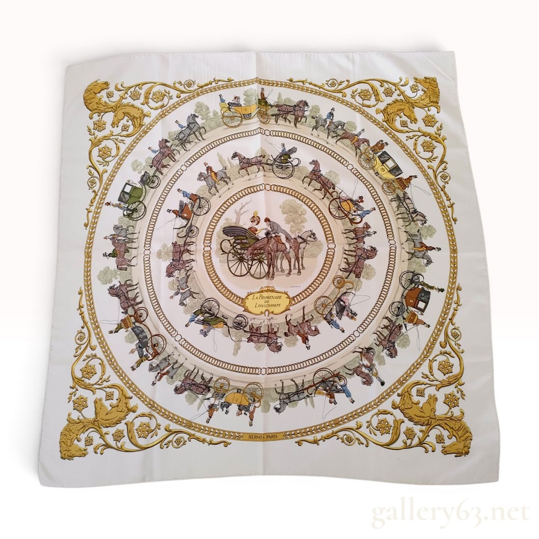 Hermes La Promenade de Longchamps Silk Scarf by Philippe Ledoux: This vintage Hermes silk twill scarf features the La Promenade de Longchamps pattern, designed by artist Philippe Ledoux and first issued in 1965. The design depicts a historical scene of nineteenth-c