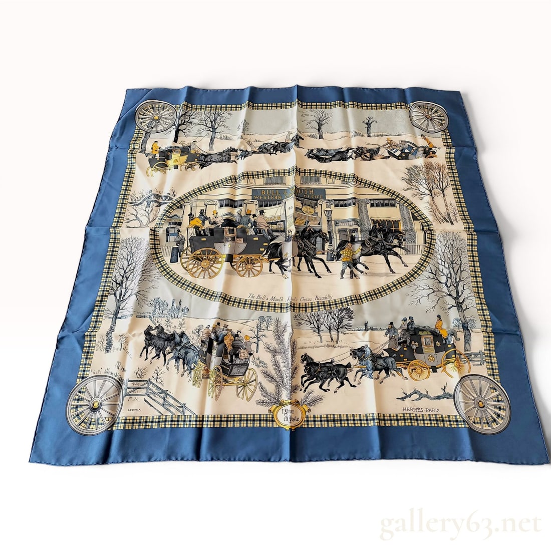 Hermes Philippe Ledoux Silk Twill Scarf L'Hiver en Poste: A vintage Hermes silk twill scarf featuring the L'Hiver en Poste (Winter in Post) design by artist Philippe Ledoux. The central motif consists of an oval vignette titled The Bull & Mouth. Kent's C