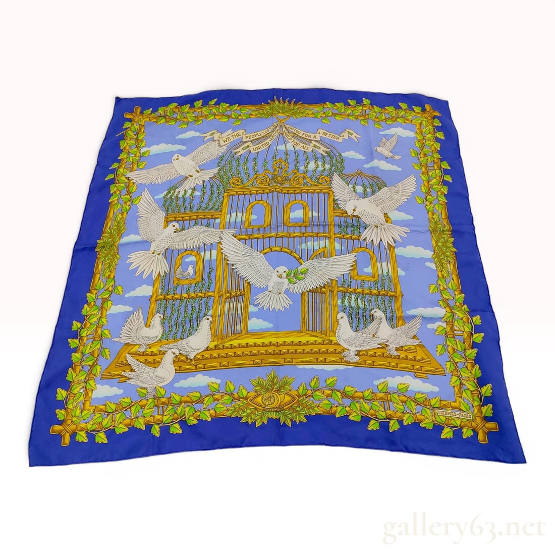 Hermes Envol United Nations Silk Scarf by Joachim Metz: This Hermes silk scarf features the Envol pattern, also known as the United Nations or Les Colombes de la Paix design, created by artist Joachim Metz. The pattern was commissioned to commemorate the U