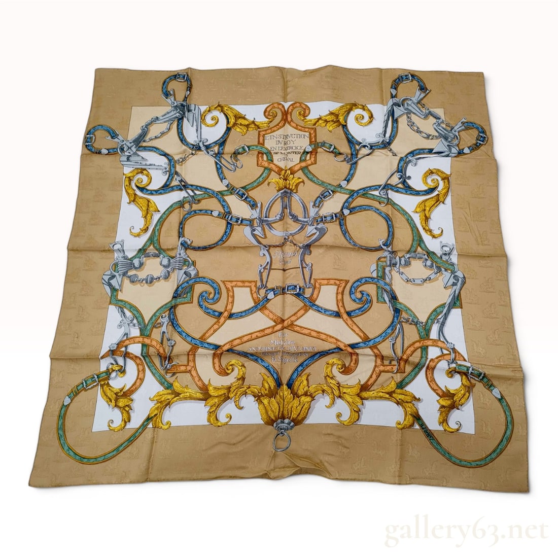 Hermes L'Instruction du Roy Silk Jacquard Scarf with Box: Hermes Carre 90 silk scarf in the L'Instruction du Roy pattern designed by Henri d'Origny. This example is crafted from silk jacquard fabric featuring a tone-on-tone woven motif of horsemen and carria